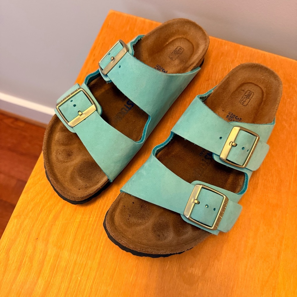 Teal / Turquoise Nubuck Birkenstock Arizona Double Strap Sandals EU 39